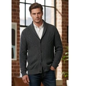 J Ferrar Cardigan Sweater Men's Size XL Gray Shawl Collar Cable Knit Grandpacore
